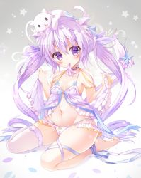 Rule 34 | 1girl, animal ears, babydoll, bare shoulders, barefoot, bow, bow panties, cat, cat ears, cedama, highres, kinokomushi, kneeling, mouth hold, original, panties, purple eyes, purple hair, side-tie panties, single thighhigh, solo, thighhighs, twintails, underwear, white panties