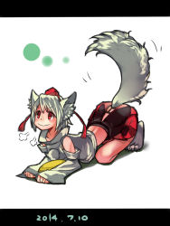 Rule 34 | &gt;:), 1girl, all fours, animal ears, bad anatomy, circle, clothing cutout, dated, detached sleeves, full body, hat, highres, inubashiri momiji, letterboxed, namauni, on floor, pom pom (clothes), red eyes, rock, short hair, silver hair, simple background, skirt, smile, solo, tail, tail through clothes, tail wagging, tokin hat, touhou, v-shaped eyebrows, white background, wolf ears, wolf tail