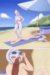 Rule 34 | 2girls, :o, beach, blue eyes, blush, breasts, colored skin, completely nude, erection, futanari, grabbing, highres, huge breasts, long hair, looking at penis, lying, multiple girls, navel, nipples, nude, open mouth, penis, penis grab, penis shadow, reqqles, rwby, salem (rwby), sand, small breasts, standing, sunglasses, sunglasses on head, testicles, towel, umbrella, veins, veiny penis, water, weiss schnee, white hair