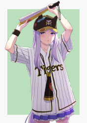 Rule 34 | 1girl, absurdres, animal ears, animal hat, arms up, baseball cap, black hat, blue ribbon, blue skirt, blush, cowboy shot, esubui, fake animal ears, frilled skirt, frills, green background, grey background, hanshin tigers, hat, highres, holding, horse ears, horse girl, horse tail, long hair, looking at viewer, mejiro mcqueen (umamusume), nippon professional baseball, parted lips, pleated skirt, purple eyes, purple hair, ribbon, shirt, short sleeves, skirt, solo, standing, sweatband, tail, two-tone background, umamusume, white shirt, wide sleeves, wristband