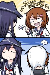 Rule 34 | &gt; &lt;, +++, ..., 2girls, 2koma, :d, adjusting clothes, adjusting necktie, akatsuki (kancolle), anchor symbol, artist name, brown hair, closed eyes, collarbone, comic, commentary, crying, crying with eyes open, empty eyes, fang, flat cap, hair between eyes, hair ornament, hairclip, hat, highres, ikazuchi (kancolle), kantai collection, laughing, long hair, long sleeves, multiple girls, neckerchief, necktie, open mouth, pointing, pout, purple hair, raythalosm, red neckwear, school uniform, serafuku, shirt, short hair, smile, spoken ellipsis, streaming tears, tank top, tears, twitter username, white shirt, xd