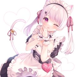 Rule 34 | 1girl, ;p, absurdres, alternate costume, animal ear fluff, animal ears, apron, black dress, blush, breasts, cat ears, cat girl, cat tail, cleavage, closed mouth, dress, dutch angle, enmaided, frilled apron, frills, hair ornament, hair ribbon, hairclip, hands up, heart, highres, komachi pochi, large breasts, long hair, looking at viewer, maid, maid headdress, nijisanji, one eye closed, own hands together, puffy short sleeves, puffy sleeves, purple eyes, red ribbon, ribbon, shiina yuika, shiina yuika (5th costume), short sleeves, simple background, smile, solo, tail, tongue, tongue out, twintails, virtual youtuber, white apron, white background, white hair, wrist cuffs