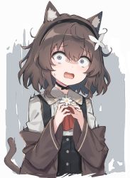 Rule 34 | 1girl, animal ear fluff, animal ears, ascot, black hairband, black vest, brown coat, brown hair, buttons, cat ears, cat girl, cat tail, choker, coat, daisy, flower, grey background, grey eyes, hair flower, hair ornament, hairband, highres, looking at viewer, neck flower, open mouth, original, own hands together, red ascot, satou (3366 s), scared, shirt, solo, sweatdrop, tail, vest, white shirt