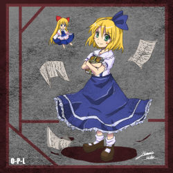 Rule 34 | 1girl, alice margatroid, alice margatroid (pc-98), bad id, bad pixiv id, blonde hair, book, female focus, green eyes, hairband, hiromasa, holding, holding book, mystic square, paper, ribbon, shanghai doll, solo, touhou, touhou (pc-98)