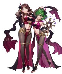 Rule 34 | 2girls, alternate costume, bodysuit, breasts, bridal legwear, brown hair, cleavage, dorothea arnault, ekao, feet, female focus, fire, fire emblem, fire emblem: genealogy of the holy war, fire emblem: three houses, fire emblem heroes, full body, green eyes, green hair, highres, holding, large breasts, lene (fire emblem), loincloth, long hair, matching hair/eyes, midriff, multiple girls, nail polish, navel, nintendo, official alternate costume, official art, pelvic curtain, purple fire, red nails, revealing clothes, skin tight, smile, standing, thighlet, toeless legwear, toenail polish, toenails, toes, transparent background, white background