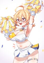 Rule 34 | 1girl, ?, absurdres, ahoge, arm up, armlet, armpits, black-framed eyewear, blonde hair, blue archive, blue skirt, blush, braid, breasts, character name, cheerleader, cleanerjay, cleavage, collarbone, commentary request, confetti, cowboy shot, glasses, gloves, hair between eyes, halo, highres, holding, holding pom poms, kotori (blue archive), kotori (cheer squad) (blue archive), large breasts, midriff, millennium cheerleader outfit (blue archive), muffin top, navel, notice lines, open mouth, pleated skirt, pom pom (cheerleading), pom poms, red eyes, short twintails, simple background, skirt, solo, sweat, teardrop-framed glasses, teeth, thighlet, triangle halo, twintails, upper teeth only, white background, white gloves, white skirt, yellow halo