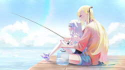 Rule 34 | 3girls, blonde hair, bridal gauntlets, cloud, cloudy sky, colored inner hair, dreamoon-q, dress, fishing, fishing line, fishing rod, from side, gawr gura, grey hair, highres, holding, holding fishing rod, hololive, hololive english, hololive indonesia, jewel under eye, kaela kovalskia, koseki bijou, long hair, multicolored hair, multiple girls, purple eyes, raft, raft (game), red eyes, sitting, sitting on lap, sitting on person, sky, smile, virtual youtuber, when you see it, white bridal gauntlets, white dress