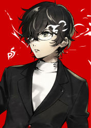 Rule 34 | 1boy, amamiya ren, black eyes, black hair, black jacket, buttons, copyright name, glasses, hair over one eye, highres, jacket, kippu, looking to the side, male focus, messy hair, parted lips, persona, persona 5, red background, school uniform, shuujin academy school uniform, solo, upper body