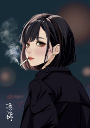 1girl absurdres black_hair bob_cut brown_eyes cigarette ear_piercing genmaihoshi highres lipstick makeup medium_hair mole mole_under_eye original piercing smoke smoking solo