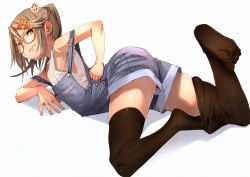 Rule 34 | 1girl, anger vein, feet, fu-ta, glasses, hair ornament, hairclip, looking back, no shoes, original, overalls, ponytail, solo, sweat, thighhighs, thighhighs pull, usami taiga, white background