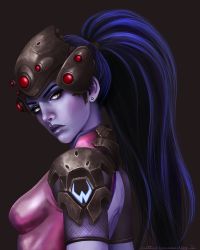 Rule 34 | 1girl, artist name, bodysuit, breasts, colored skin, dated, earrings, from side, head-mounted display, highres, jewelry, lips, lipstick, long hair, looking at viewer, looking to the side, makeup, nose, overwatch, overwatch 1, pink bodysuit, ponytail, purple hair, purple lips, purple skin, realistic, ruthie hammerschlag, short sleeves, signature, small breasts, solo, stud earrings, upper body, visor, widowmaker (overwatch), yellow eyes