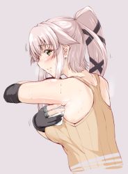 Rule 34 | 10s, 1girl, alternate costume, arm up, bare arms, bare shoulders, black gloves, black ribbon, blush, breasts, commentary request, elbow pads, from side, gloves, green eyes, hair between eyes, hair ribbon, high ponytail, holding, kantai collection, long hair, looking afar, looking away, medium breasts, motion lines, partially fingerless gloves, pink hair, profile, ribbon, sidelocks, sideways mouth, simple background, solo, sweat, tsukineko, upper body, very long hair, wiping sweat, yura (kancolle)
