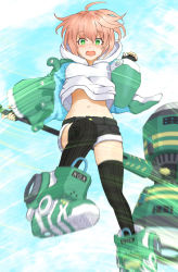 Rule 34 | 1girl, :o, ahoge, black gloves, black shorts, black thighhighs, blue background, blurry, blush, breasts, clothes lift, coco guamrail, commentary request, fingerless gloves, floating, full body, gloves, green eyes, green footwear, green jacket, hair between eyes, hammer, highres, holding, holding hammer, hood, hood down, hoodie, hoodie lift, jacket, kick-flight, kony, large breasts, long sleeves, looking at viewer, midriff, navel, open clothes, open jacket, open mouth, pink hair, ribbed legwear, shoes, short hair, short shorts, shorts, sidelocks, sneakers, solo, thighhighs, upper body, white hoodie, wind, wind lift