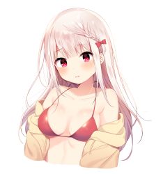 Rule 34 | 1girl, bad id, bad pixiv id, bikini, blush, bow, breasts, cardigan, cleavage, collarbone, commentary request, cropped torso, floating hair, hair bow, head tilt, highres, long hair, mafuyu (chibi21), medium breasts, open cardigan, open clothes, open mouth, original, red bikini, red bow, red eyes, shiny skin, silver hair, simple background, solo, swimsuit, upper body, white background, yellow cardigan