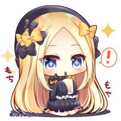 Rule 34 | !, + +, 1girl, abigail williams (fate), black bow, black dress, black footwear, black hat, blonde hair, blue eyes, blush, bow, bubble tea, bug, butterfly, chibi, commentary request, cup, disposable cup, dress, drinking, drinking straw, fate/grand order, fate (series), forehead, full body, hair bow, hat, holding, holding cup, insect, long hair, long sleeves, orange bow, parted bangs, polka dot, polka dot bow, shadow, shoes, sitting, sleeves past fingers, sleeves past wrists, solo, sparkle, spoken exclamation mark, twitter username, very long hair, wariza, white background, yukiyuki 441