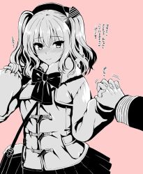 Rule 34 | 1girl, 2016, alternate costume, bag, beret, blush, bow, bowtie, breasts, cowboy shot, fur collar, gloves, holding hands, handbag, hat, interlocked fingers, jacket, kantai collection, kashima (kancolle), kojima saya, large breasts, long sleeves, looking at viewer, monochrome, nose blush, out of frame, pink background, pleated skirt, pov, pov hands, signature, skirt, smile, solo focus, tareme, translated, twintails, two side up, wavy hair
