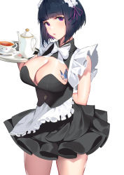 Rule 34 | 1girl, absurdres, arm behind back, black dress, black hair, blunt bangs, blush, bob cut, bow, bowtie, breast tattoo, breasts, butterfly tattoo, cleavage, cowboy shot, cup, dress, frilled dress, frills, highres, holding, holding tray, inushima, large breasts, looking at viewer, maid, maid headdress, no bra, original, parted lips, purple eyes, short hair, simple background, solo, standing, tattoo, teacup, teapot, thighs, tray, white background, white bow, white bowtie