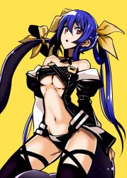 Rule 34 | 1girl, bad id, bad twitter id, bare shoulders, black thighhighs, blue hair, breasts, choker, cleavage, detached sleeves, dizzy (guilty gear), doko tetora, guilty gear, guilty gear x, guilty gear xx, hair ribbon, large breasts, long hair, midriff, navel, open mouth, red eyes, revealing clothes, ribbon, simple background, solo, tail, tail ornament, tail ribbon, thighhighs, twintails, underboob, underwear, very long hair, yellow background