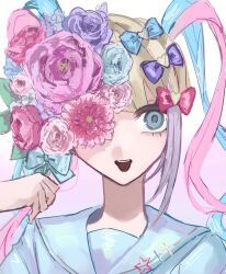 Rule 34 | 1girl, blonde hair, blue bow, blue eyes, blue flower, blue hair, blue shirt, bouquet, bow, chouzetsusaikawa tenshi-chan, flower, hair bow, hand up, heart, highres, holding, holding bouquet, long hair, looking at viewer, multicolored hair, needy girl overdose, open mouth, pink bow, pink flower, pink hair, portrait, purple bow, purple flower, purple hair, quad tails, sailor collar, sanmanako, shirt, smile, solo