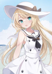 Rule 34 | 1girl, absurdres, blonde hair, blue eyes, blush, day, dress, fathom, hat, highres, jervis (kancolle), kantai collection, long hair, ocean, open mouth, outdoors, sailor collar, sailor dress, sleeveless, sleeveless dress, smile, solo, sun hat, upper body, white dress, white hat, white sailor collar