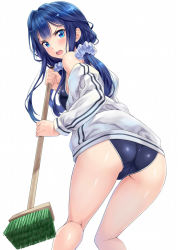 Rule 34 | &gt;:o, 10s, 1girl, :o, adagaki aki, ass, bare shoulders, blue eyes, blue hair, blue one-piece swimsuit, blush, breasts, broom, cleaning brush, commentary request, competition school swimsuit, d:, d:&lt;, from behind, grey jacket, hair ornament, hair scrunchie, highres, holding, holding broom, jacket, kneepits, leaning forward, long sleeves, looking at viewer, looking back, low twintails, masamune-kun no revenge, medium breasts, nagayori, off shoulder, one-piece swimsuit, open clothes, open jacket, open mouth, round teeth, school swimsuit, scrunchie, shiny skin, simple background, solo, standing, swimsuit, tareme, teeth, thighs, track jacket, twintails, unzipped, v-shaped eyebrows, white background