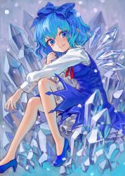 Rule 34 | 1girl, acrylic paint (medium), adapted costume, ama-tou, blue eyes, blue hair, bow, cirno, dress, hair bow, high heels, highres, legs, light smile, looking at viewer, matching hair/eyes, nail polish, no socks, painting (medium), shoes, short hair, sitting, smile, solo, touhou, traditional media, wings