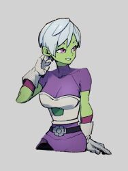 Rule 34 | 1girl, bodysuit, breasts, cheelai, colored skin, dragon ball, dragon ball super, dragon ball super broly, gloves, green skin, grey background, kemachiku, looking to the side, medium breasts, pink eyes, purple bodysuit, short hair, simple background, smile, solo, white gloves, white hair