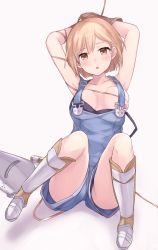 Rule 34 | 1girl, armpits, arms up, bdsm, blonde hair, blush, bondage, bound, breasts, breasts apart, brown eyes, cleavage, collarbone, djeeta (granblue fantasy), full body, granblue fantasy, highres, ichijou (kr neru0), looking at viewer, medium breasts, overalls, rope, short hair, simple background, sitting, solo, white background
