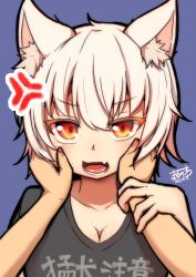 Rule 34 | 1girl, absurdres, anger vein, angry, animal ears, blue background, breasts, cleavage, collarbone, fang, grey hair, highres, inubashiri momiji, large breasts, open mouth, otomen maru-no-uchi, red eyes, short hair, signature, simple background, skin fang, solo focus, touhou, wolf ears, wolf girl