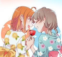Rule 34 | 2girls, absurdres, ahoge, blue kimono, candy, candy apple, closed eyes, commentary request, floral print, food, grey hair, highres, holding, holding candy, holding food, japanese clothes, kashikaze, kimono, looking at another, love live!, love live! sunshine!!, low twintails, medium hair, multiple girls, obi, open mouth, orange eyes, orange hair, orange ribbon, ribbon, sash, short twintails, smile, takami chika, teeth, twintails, watanabe you, white kimono, yukata, yuri