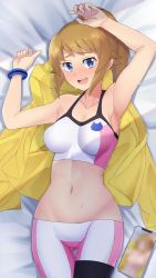 Rule 34 | 1girl, absurdres, armpits, arms up, bad id, bad pixiv id, bare shoulders, bed sheet, bike shorts, blue eyes, blur censor, blush, bracelet, breasts, brown hair, cellphone, censored, cleavage, collarbone, commentary, cowboy shot, gakuto 96, gluteal fold, groin, gundam, gundam build fighters, gundam build fighters try, highres, hoshino fumina, jacket, jewelry, long hair, looking at viewer, lying, medium breasts, midriff, navel, nose blush, on back, open mouth, phone, pink shorts, pink sports bra, ponytail, shadow, shorts, sidelocks, smartphone, solo, sports bra, sweat, teeth, thigh gap, two-tone sports bra, unworn jacket, upper teeth only, white shorts, white sports bra, yellow jacket
