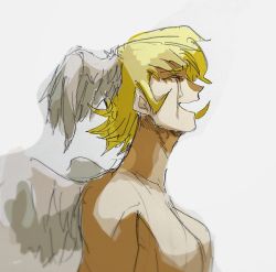 Rule 34 | 1boy, angel wings, asuka ryou, blonde hair, crying, devilman, closed eyes, feathered wings, feathers, head wings, male focus, nude, open mouth, satan (devilman), sideburns, simple background, solo, tears, white background, wings