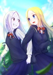 Rule 34 | 2girls, abigail williams (fate), absurdres, bandaid, bandaid on face, bandaid on forehead, blazer, blonde hair, blue eyes, blue jacket, blue sky, blue vest, breasts, collared shirt, colored skin, crossed bandaids, day, dress shirt, dual persona, fate/grand order, fate (series), forehead, grin, highres, huge filesize, jacket, keyhole, locked arms, long hair, long sleeves, looking at another, multiple girls, nishiuji, open mouth, parted bangs, pink eyes, pleated skirt, school uniform, shirt, skirt, sky, small breasts, smile, sweater vest, vest, white hair, white shirt, white skin