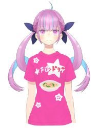 Rule 34 | ahoge, braid, expressionless, highres, hololive, looking at viewer, minato aqua, pako (pakosun), pink eyes, pink shirt, shirt, solo, twintails, virtual youtuber, white background