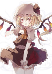 Rule 34 | 1girl, ascot, blonde hair, cowboy shot, crystal, dress, flandre scarlet, frills, hat, hat ribbon, highres, looking at viewer, medium hair, mob cap, natsume suzuri, open mouth, puffy short sleeves, puffy sleeves, red dress, ribbon, short sleeves, side ponytail, simple background, solo, touhou, wings