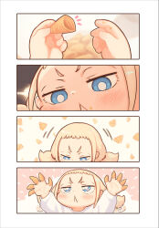 Rule 34 | 1girl, 4koma, :&lt;, blonde hair, blue eyes, bugles, bugles (food), bugles on fingers, child, comic, commentary request, food, food on face, highres, kozato (yu kozato), little blonde girl (kozato), newtype flash, original, silent comic, solo