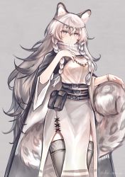 Rule 34 | 1girl, animal ear fluff, animal ears, arknights, bead necklace, beads, black cloak, blush, breasts, circlet, cloak, commentary, cowboy shot, dress, eyelashes, grey background, grey eyes, grey thighhighs, highres, jewelry, leopard ears, leopard girl, leopard tail, long hair, medium breasts, moyumidori, multicolored hair, necklace, pelvic curtain, pramanix (arknights), silver hair, solo, streaked hair, tail, thighhighs, thighs, turtleneck, twitter username, very long hair, white dress, wristband