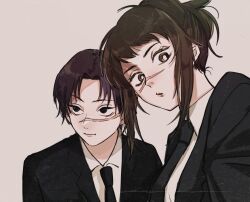 Rule 34 | 1boy, 1girl, black hair, black jacket, black necktie, brown hair, chainsaw man, collared shirt, curtained hair, formal, high ponytail, jacket, kurose yuutarou, looking at viewer, looking to the side, medium hair, messy hair, necktie, scar, scar on face, scar on nose, shirt, short hair, simple background, suit, suit jacket, tendou michiko, turuo che, white background, white shirt