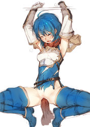 Rule 34 | 1girl, ahoge, armor, armpits, arms up, bar censor, bdsm, belt, blue hair, blush, bondage, boots, bound, bound wrists, branch (blackrabbits), cameltoe, catria (fire emblem), censored, dress, elbow gloves, closed eyes, fire emblem, fire emblem: mystery of the emblem, fire emblem heroes, gloves, hetero, nintendo, no panties, open mouth, pegasus knight uniform (fire emblem), penis, pussy, rape, restrained, sex, short hair, simple background, solo focus, spread legs, sweat, tears, thigh boots, thighhighs, torn clothes, torn dress, vaginal, white background, white gloves
