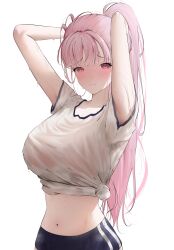 Rule 34 | 1girl, arms up, blush, breasts, dripping, gym shirt, gym shorts, gym uniform, hands in hair, highres, hololive, hololive english, large breasts, long bangs, long hair, looking at viewer, messy hair, midriff, mori calliope, navel, pink hair, ponytail, prab, red eyes, see-through, see-through shirt, shirt, short sleeves, shorts, simple background, sweat, sweaty clothes, tied shirt, upper body, virtual youtuber, white background
