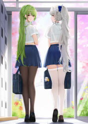 Rule 34 | 2girls, alternate costume, azur lane, bag, bag charm, blue bow, blue skirt, bow, braid, breasts, charm (object), closed mouth, cropped shirt, doorway, from behind, full body, green hair, grey eyes, grey hair, hair bow, highres, holding, holding bag, large breasts, littorio (azur lane), locker, long hair, looking at viewer, looking back, manjuu (azur lane), midriff, multicolored hair, multiple girls, pantyhose, parted lips, pleated skirt, ponytail, qing wu, red eyes, school, school bag, shirt, short sleeves, skirt, streaked hair, thighhighs, very long hair, vittorio veneto (azur lane), wavy hair, white shirt, white thighhighs, zettai ryouiki