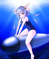 Rule 34 | 10s, 1girl, blue hair, highres, i-19 (kancolle), kantai collection, long hair, personification, red eyes, riding, school swimsuit, swimsuit, torpedo, tsuruoka masayoshi to junjou romantica 2, twintails, underwater, wt