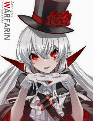 Rule 34 | 15melon, 1girl, :d, arknights, bad id, bad pixiv id, black cape, black hat, cape, character name, commentary, female focus, flower, gloves, hair between eyes, hands up, hat, hat flower, highres, long hair, looking at viewer, open mouth, pointy ears, red eyes, red flower, red rose, rose, scar, scar on face, silver hair, simple background, smile, solo, stitches, top hat, upper body, warfarin (arknights), warfarin (the feast) (arknights), white gloves