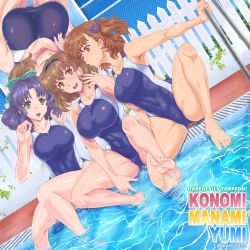 Rule 34 | 3girls, barefoot, black hair, blue one-piece swimsuit, breasts, brown eyes, brown hair, commentary request, competition swimsuit, dutch angle, fence, green eyes, hair ribbon, highleg, highleg swimsuit, highres, medium breasts, multiple girls, one-piece swimsuit, ookami tomoyuki, original, pool, pool ladder, poolside, ribbon, sitting, soaking feet, swimsuit, water