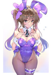 Rule 34 | 1girl, animal ears, bare shoulders, black eyes, black pantyhose, blush, breasts, brown hair, cleavage, covered navel, detached collar, fake animal ears, flying sweatdrops, highres, himekaidou hatate, leotard, looking at viewer, matsuda (matsukichi), necktie, pantyhose, playboy bunny, rabbit ears, simple background, solo, touhou, twintails, white background, wrist cuffs