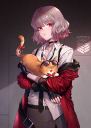 Rule 34 | 1girl, absurdres, animalization, bow, bowtie, cat, cat tail, chinese commentary, choker, cigarette, comic, commentary request, cosplay, eyewear on head, fingerless gloves, gentiane (girls&#039; frontline), girls&#039; frontline, gloves, griffin &amp; kryuger military uniform, highres, jacket, unworn jacket, kalina (girls&#039; frontline), kalina (girls&#039; frontline) (cosplay), kalinya, leon v, multicolored hair, necktie, pink hair, red eyes, red jacket, ribbon, shirt, silent comic, streaked hair, sunglasses, suspenders, tail, two-tone hair, white shirt