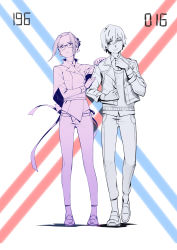 Rule 34 | 10s, 1boy, 1girl, absurdres, adjusting clothes, artist name, belt, cardigan, closed mouth, collared shirt, darling in the franxx, dated, glasses, gorgeous mushroom, hair bun, hair slicked back, hand on another&#039;s shoulder, highres, hiro (darling in the franxx), ikuno (darling in the franxx), jacket, limited palette, looking at viewer, one eye closed, open clothes, open jacket, pants, parted bangs, serious, shirt, shoes, short hair, single hair bun, standing, standing on one leg, wing collar
