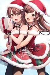 Rule 34 | 2girls, bare shoulders, black pantyhose, blush, box, brown hair, christmas, commentary request, dated, dress, english text, gift, happy birthday, hat, highres, holding, holding box, hug, hug from behind, idolmaster, idolmaster shiny colors, kurageso, long hair, multiple girls, open mouth, osaki amana, osaki tenka, pantyhose, red dress, red headwear, santa costume, santa hat, siblings, sisters, smile, snowflakes, yellow eyes