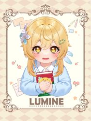 Rule 34 | 1girl, absurdres, aged down, blonde hair, book, character name, child, flower, fukuro daizi, genshin impact, hair flower, hair ornament, hairclip, highres, holding, holding book, looking at viewer, lumine (genshin impact), open mouth, short hair, solo, upper body, yellow eyes
