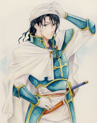 Rule 34 | 1boy, agahari, alec (fire emblem), armor, cape, cross, fire emblem, fire emblem: genealogy of the holy war, gauntlets, gloves, green eyes, green hair, knight, long hair, male focus, manly, matching hair/eyes, nintendo, simple background, solo, sword, traditional media, turban, weapon, white background